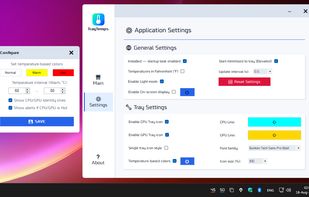 Application Settings, Tray Icons Preview, and Temperature-Based Settings Dialog (Light Theme)