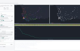 Finished plan: 520 sites in 184 day-routes across 6 teams, with the route map, territory load map and optimisation graph.