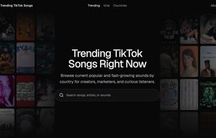 Homepage for discovering current trending TikTok songs by country, with search and quick access to Popular and Viral charts.