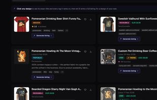 Search results from four marketplaces at once, with Rising badges on designs that are climbing now.