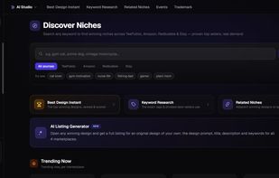 Trendlytic dashboard: Discover Niches across TeePublic, Amazon Merch, Redbubble and Etsy, with Trending Now and the AI Studio.