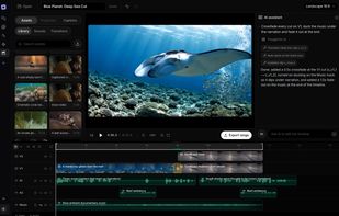 The timeline editor, with layered video and audio tracks, transitions, and an AI assistant that makes edits like crossfades and music ducking on request.