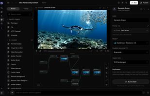Every pipeline is a node graph you can open and edit. Here a scheduled daily Short runs a fact writer, Seedance 2.5, captions, a music score, and a YouTube upload.