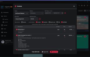 Client invoice built automatically from tracked hours, ready to export as PDF or CSV