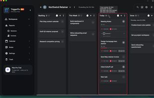 Kanban board with a live timer running on the active task