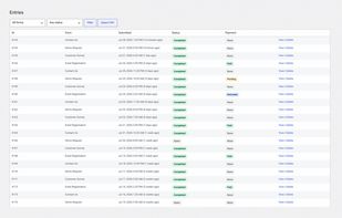 The entries list — every submission stored in your own database, filterable by form and status, with payment state at a glance and one-click CSV export.