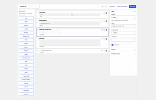 The Visual Builder — drop fields onto the canvas from the palette, reorder them, and configure the selected field on the right, conditional logic included.