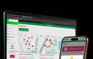 Trinity Guard web dashboard and mobile app displaying patrol monitoring, checkpoint locations and operational alerts.
