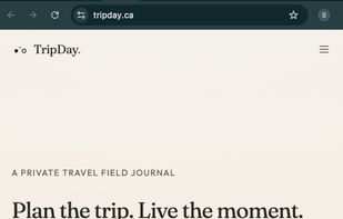 TripDay public landing page showing the private travel field journal positioning.