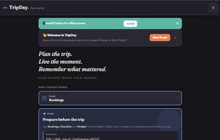TripDay app dashboard showing trip planning, bookings, journaling, and local-first travel tools.