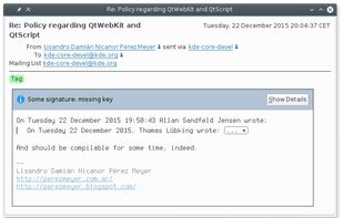Encrypted and signed e-mail is supported, with status given in plain English
