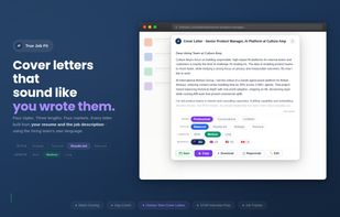 Cover Letter
Generate a tailored letter in one click
Four distinct styles - Strategic, Technical, Results-led, Balanced. Three lengths. Tuned to avoid AI tells. Uses your gap coach reframes so the letter speaks the job's language.