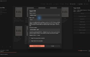 Split PDFs by page ranges with output names previewed before saving. English interface with sample documents.