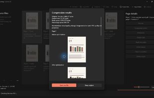 Compression review showing measured file sizes and before-and-after previews. English interface with sample documents.