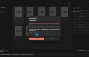 Add password protection to a PDF before exporting. English interface with sample documents.