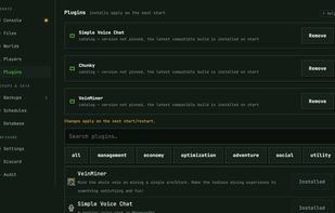 Plugin catalog: install from Modrinth, applied on the next start