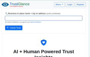 TrustGlance homepage — enter any business or place to instantly see AI + human-powered trust insights with clear ratings and summaries.