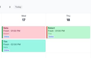 Drag-and-drop booking calendar with color-coded appointments per staff member.