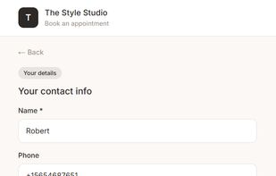 Public booking page — clients book with just a name and phone number, no account required.