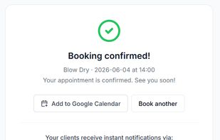 Instant booking confirmation sent automatically via Telegram, WhatsApp and Viber — no extra cost to the business.