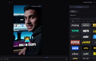 Editor view with the templates panel open, listing the available caption styles. A template with a emoji is applied on the preview.