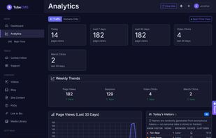 Admin dashboard analytics panel — page view stats (today, 7 days, 30 days), weekly trends, page views chart, today's visitors breakdown by page, referrer, browser, device, and country. Dark-themed admin UI with sidebar navigation.