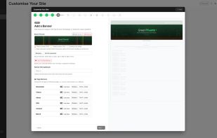  The guided Quick Setup wizard with a step-by-step walkthrough, banner upload with device safe zone preview, one-click YouTube banner import, and a live site mockup.