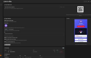 The Link in Bio editor with a shareable QR code, live phone preview, featured video block, Subscribe on YouTube button, and click tracking on every link.