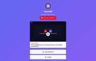 Link-in-bio page with purple gradient theme — channel avatar, bio text, Subscribe on YouTube button, latest video embed, custom links (Shop My Merch, Google), and social media icons. Mobile-optimised single-column layout.