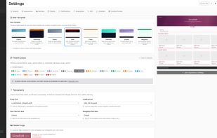 The Appearance settings with 8 site templates, 15 theme colour presets, Google Fonts typography, and a live mockup preview that updates as you customise