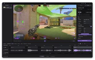 Tuck showing a gameplay clip, timeline, separate audio tracks, and export settings.
