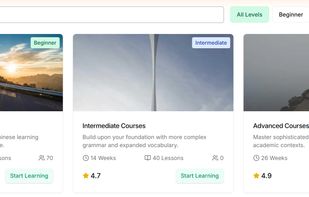 Course catalog — HSK-aligned courses from Beginner to Advanced with lesson counts, ratings and one-click start.