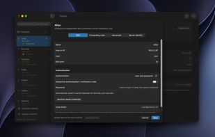SSH tunnel editor with connection and authentication settings.