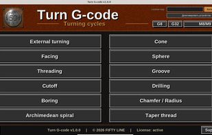 Main menu: 12 turning cycles, G7/G8 and G32/G33 switches, coolant M-codes