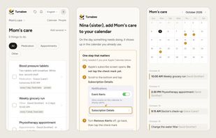 The same pages in a phone browser. Nothing to install: the organiser's list, the invite page a recipient opens, and the month view.