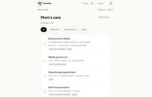 Turnabee is a web app that runs in the browser. This is the list of things to do: who each one is for, when it is due and how often it repeats.