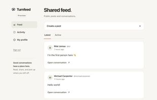 Turnfeed public social feed in a web browser.