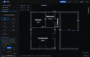 Click the corners and type the lengths: every closed room shows its area in square metres.