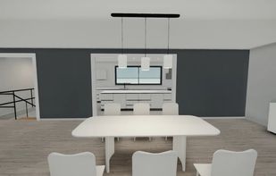 First-person walkthrough in the browser: from the dining room you look straight into the kitchen.