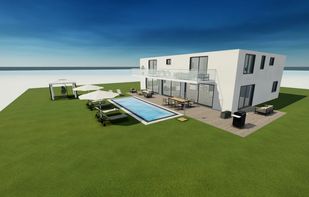The example house in 3D: two floors, a terrace, a garden and a pool, all drawn in Tutelia.