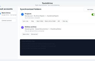 TuxInDrive desktop dashboard for managing cloud accounts and synchronized folders.