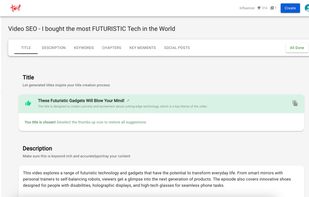 Optimize that video and generate your title, description and all the metadata needed to publish your video.
