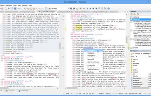 Twistpad editing a PHP\HTML file, with split editing, with the clipboard and the file browser window visible. Notice that the search for 'updated' is highlighted automatically