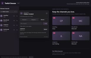 Actual whitelist interface in a development preview, with sample channels visibly labelled. Whitelisted streamers stay visible.