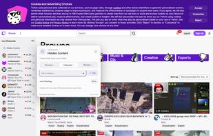 Hidden Content manager captured on an actual Twitch page, with Just Chatting hidden and other categories visible.