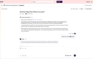 A human teammate and AI agents handling a customer support request together in a shared thread, with approval before anything is sent