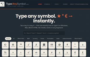 TypeAnySymbol homepage with quick access to popular symbols and typing guides