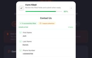 AI review screen: 5 fields filled, 1 flagged for review. 96% confidence score. User can verify before submitting.