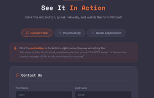 Form filled by voice: user said name, email, phone, subject — all fields mapped automatically. "Fill by Voice" widget in bottom-right corner.