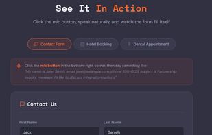 Final result: all 6 fields filled from a single voice input. Form ready to submit. Widget stays non-intrusive in bottom-right.